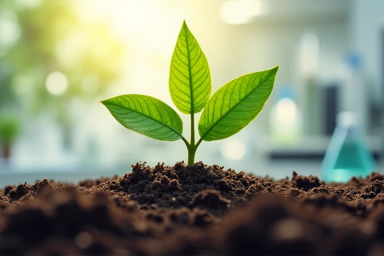 Ilustrație a începuturilor GlucoSanatate, cu o plantă în creștere dintr-un sol fertil și un fundal estompat de laborator sau cercetare.