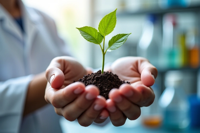 O mână ține o plantă mică, simbolizând natura și creșterea, cu un fundal estompat de instrumente de laborator, reprezentând știința și cercetarea.