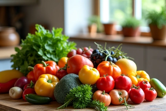 Legume proaspete și fructe pe o masă de bucătărie