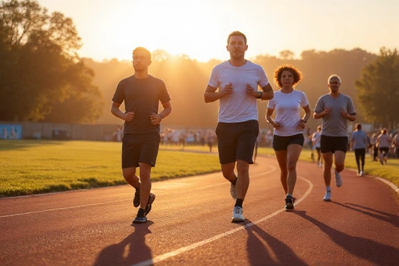 Oameni alergând pe o pistă de atletism