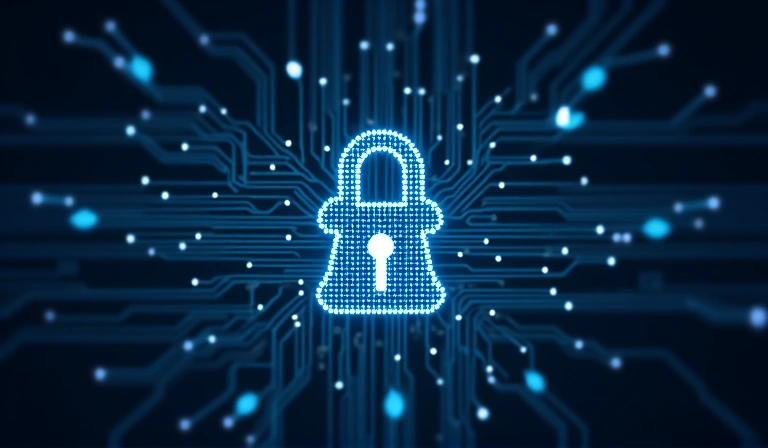 Imagine reprezentând confidențialitatea datelor, cu un lacăt stilizat și elemente de securitate cibernetică